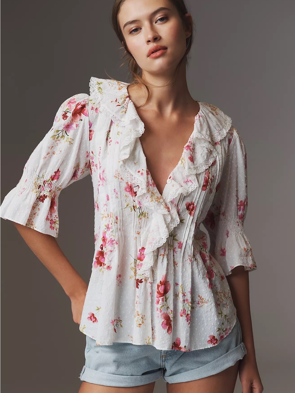 By Anthropologie Ruffled Pin-Tuck Button-Front Blouse